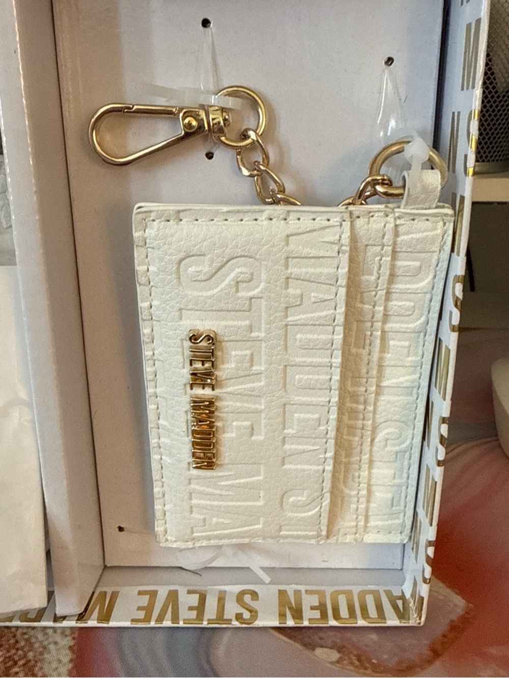 Steve Madden White Embossed Cardholder Keychain with Gold Hardware